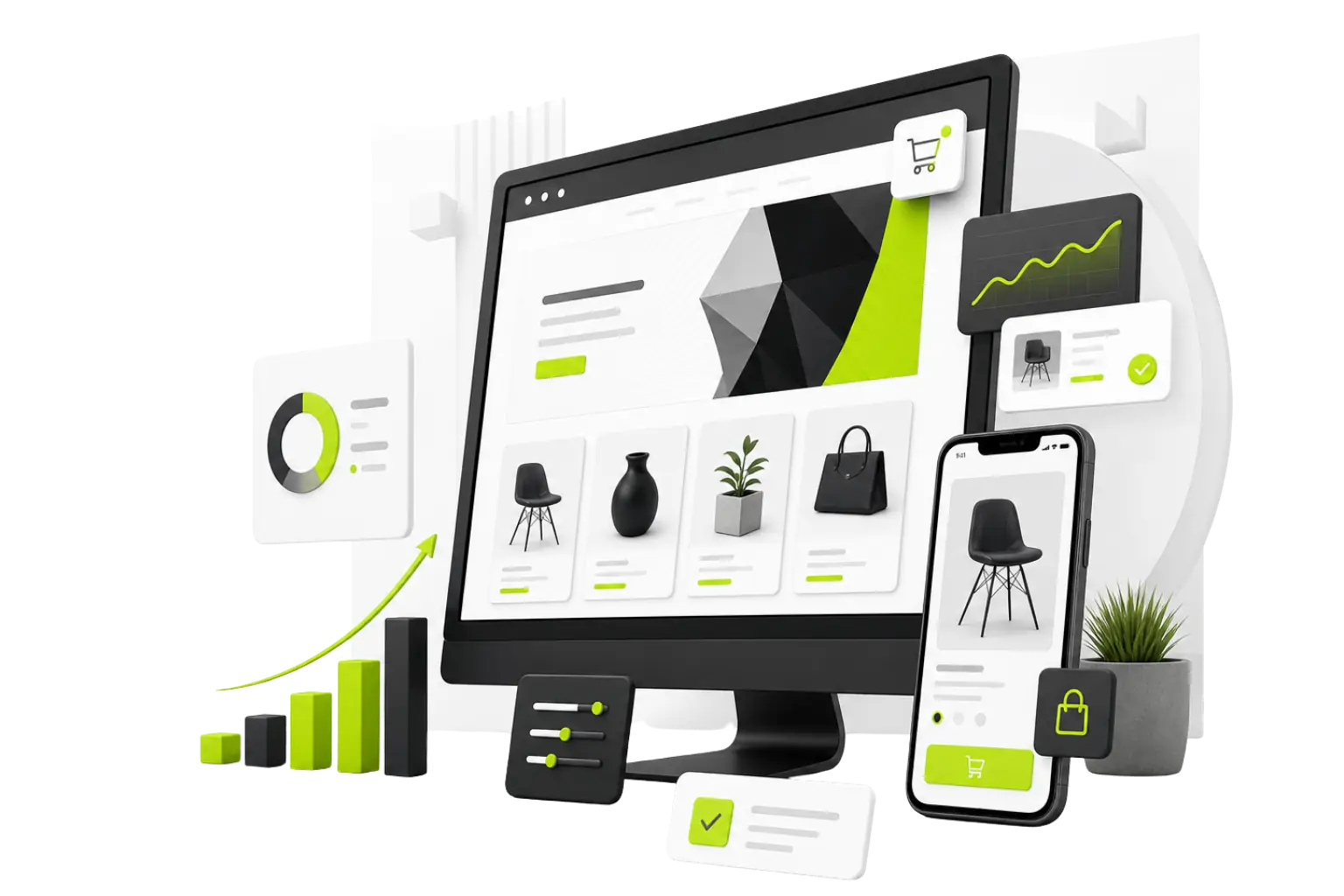 Tienda online en pantalla de computadora y celular, con gráficos de ventas en crecimiento